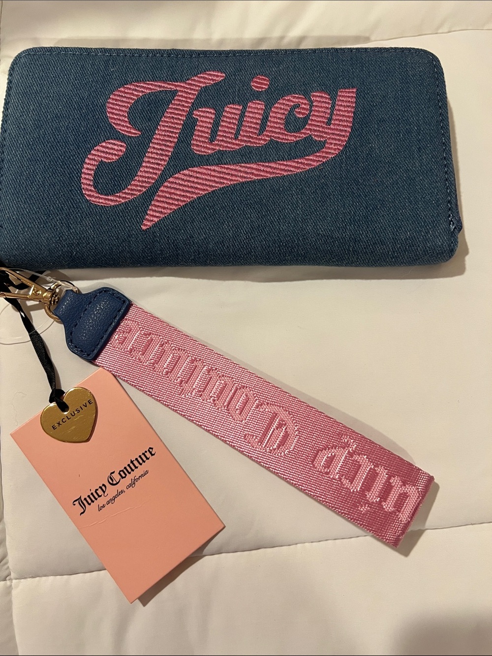 Juicy Couture Denim Zip Wallet with Pink Embroidered Logo and Strap MSRP $42